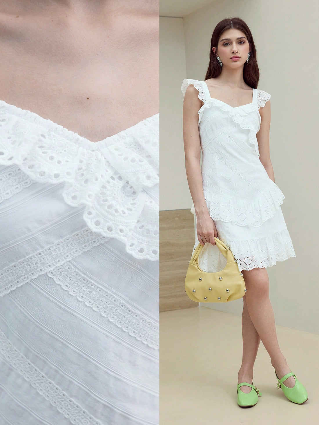 Step out in style with the Eyelet Embroidery Dress, crafted from soft, breathable viscose that moves with you. Its delicate eyelet details add a touch of whimsy, making it perfect for everything from brunch dates to garden parties. Light, elegant, and effortlessly charming, this dress brings a playful twist to your wardrobe essentials.