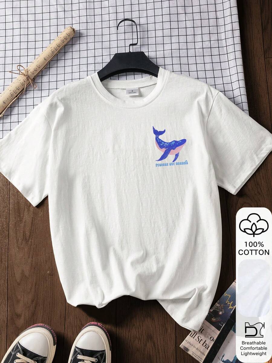 Back view of white whale ocean graphic cotton T-shirt with Protect our oceans print and front inset