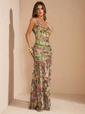 Floral rose print maxi dress with cowl neckline fitted ruched torso and drop waist skirt
