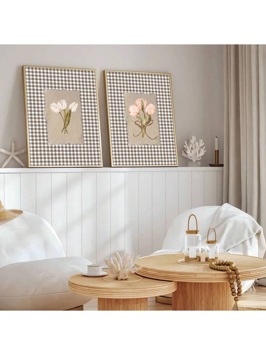 Bring timeless charm to your space with this elegant set of two unframed canvas prints featuring vintage-inspired botanical tulips against a classic brown gingham background. Perfect for cottagecore enthusiasts, these pieces celebrate natural beauty and nostalgic design. The unframed format offers flexibility—display them as-is for a casual aesthetic or frame them to match your décor style.
