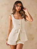 Product view of Chic Spring Summer Two-Piece Set: White Blazer Vest & Mini Skirt for Beach Vacations and Weddings for elegant two piece outfit styling