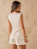Product view of Chic Spring Summer Two-Piece Set: White Blazer Vest & Mini Skirt for Beach Vacations and Weddings for elegant two piece outfit styling