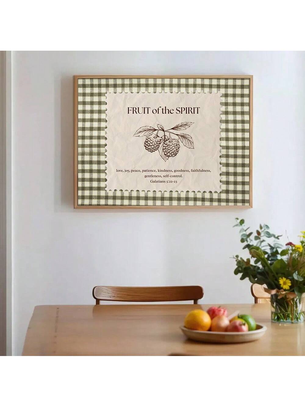 Bring timeless inspiration to your space with this Frameless Vintage Bible Verse Wall Art. Featuring the Fruit of the Spirit, this canvas print adds a touch of faith and charm to any modern room. Its frameless design keeps things sleek and fresh, making it the perfect way to uplift your walls with a playful yet meaningful message. Ideal for cozy corners or lively living areas, this piece is a joyful reminder of grace and goodness every day.