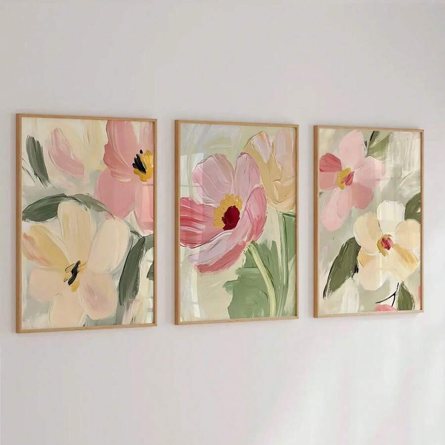 Transform your space with this stunning set of three frameless canvas prints celebrating wildflower botanicals. Each piece features abstract floral designs that blend natural beauty with contemporary aesthetics, perfect for cottagecore and modern farmhouse interiors. The frameless canvas format offers versatile styling—display as a triptych for dramatic impact or arrange individually throughout your home. 