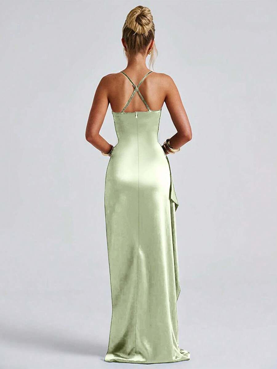 Light-blue satin gown front view with crossed-back straps and glossy finish