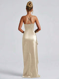 Ivory satin gown front view with thin straps and high slit