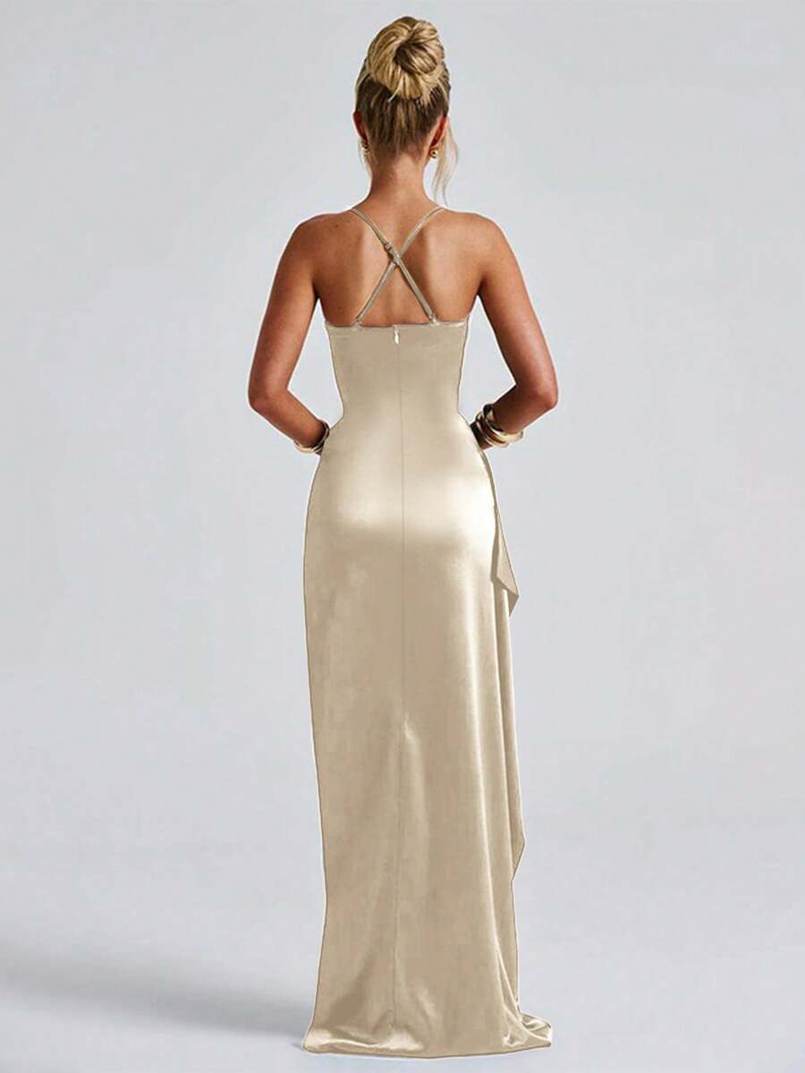 Ivory satin gown front view with thin straps and high slit