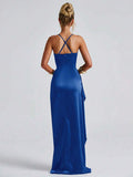 Royal-blue satin gown front view with thin straps, fitted waist and side slit