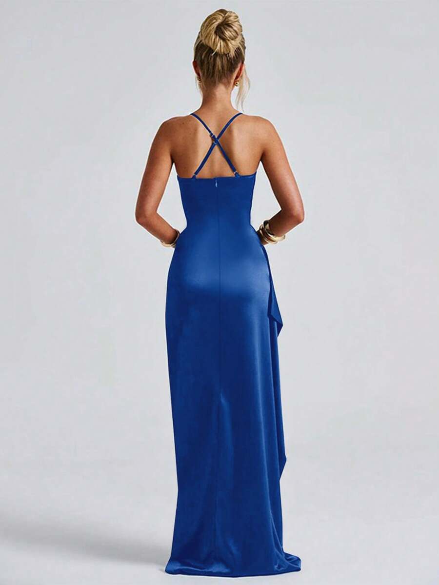 Royal-blue satin gown front view with thin straps, fitted waist and side slit