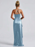 Pale-blue satin gown back view showing crossed straps and long skirt