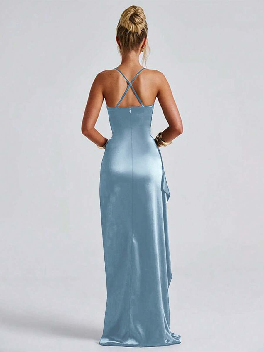 Pale-blue satin gown back view showing crossed straps and long skirt