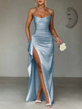 Pale-blue satin gown front view with fitted bodice and high slit