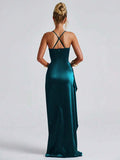 Teal satin gown back view with crossed straps and full-length hem
