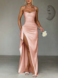 Blush-pink satin gown front view with thin straps, ruched waist and high slit