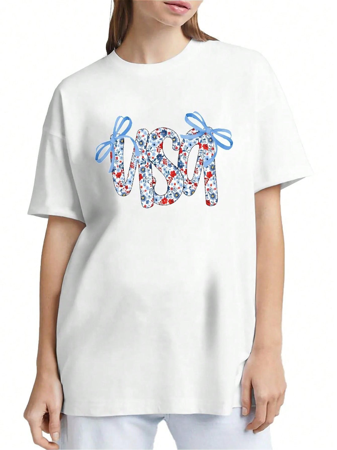 Celebrate your American spirit in style with this playful Patriotic USA Flag Bowknot T-Shirt for Women. Featuring a charming bowknot and a vibrant stars and stripes design, this summer top combines comfort and flair. Perfect for sunny days and festive occasions, it adds a fun, patriotic touch to your wardrobe while keeping you cool and confident.