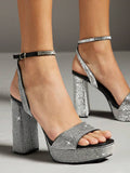 Rhinestone block heel sandals shown with matching evening bag