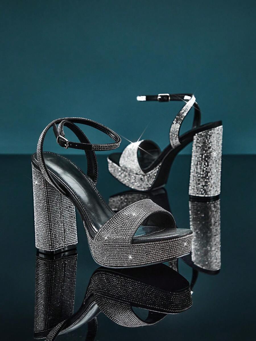Crystal platform heels close up showing wide toe strap