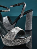 Dressy party sandals with high chunky heel and slingback support