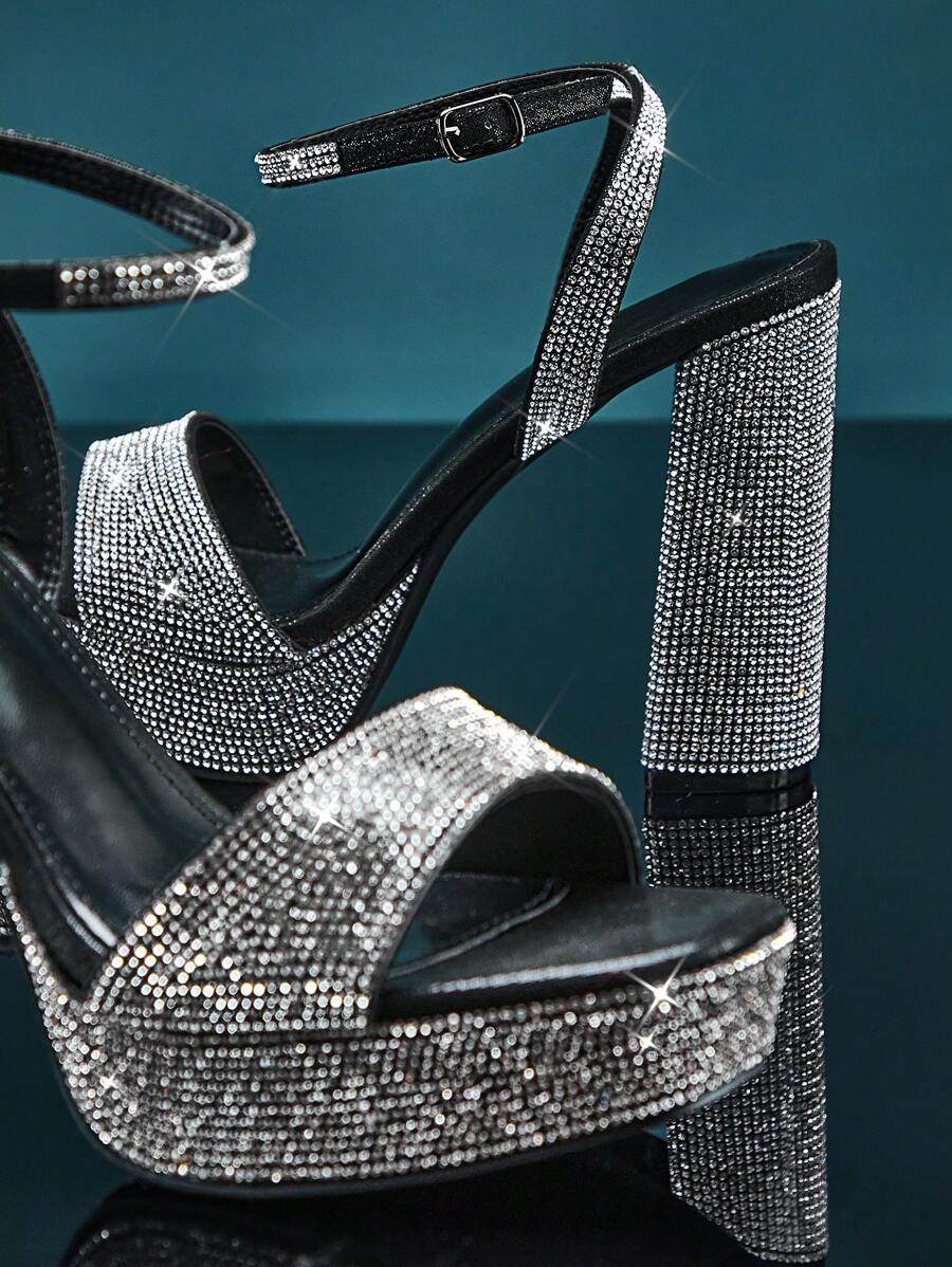 Dressy party sandals with high chunky heel and slingback support