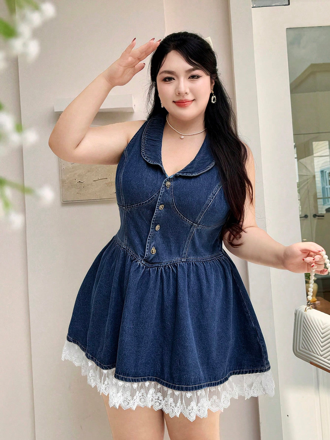 Step into effortless charm with this Chic Plus Size Mid Blue Denim Dress, finished with delicate lace trim for a flirty touch. Its mid-blue wash brings classic denim vibes, while the playful lace detail adds a sweet academy flair. Designed to flatter curves comfortably, this dress is your go-to for casual outings with a twist of whimsy. Embrace your style and brighten any day with this fun, feminine piece!