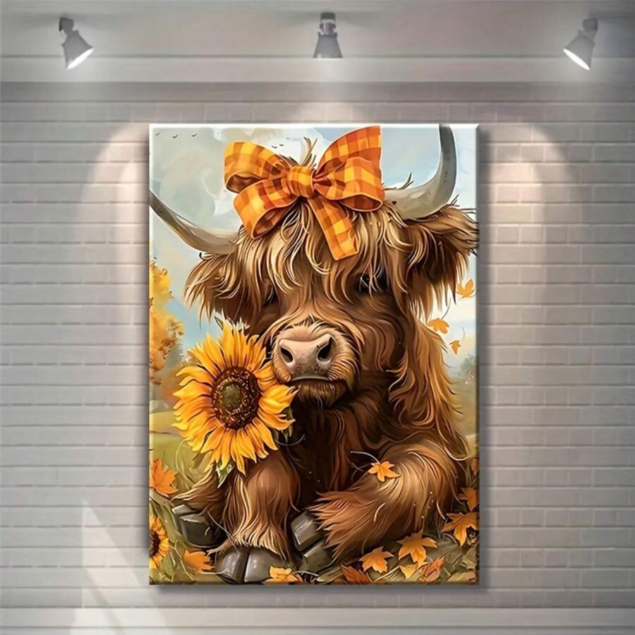 Cute cow wall art with autumn leaves and sunflower