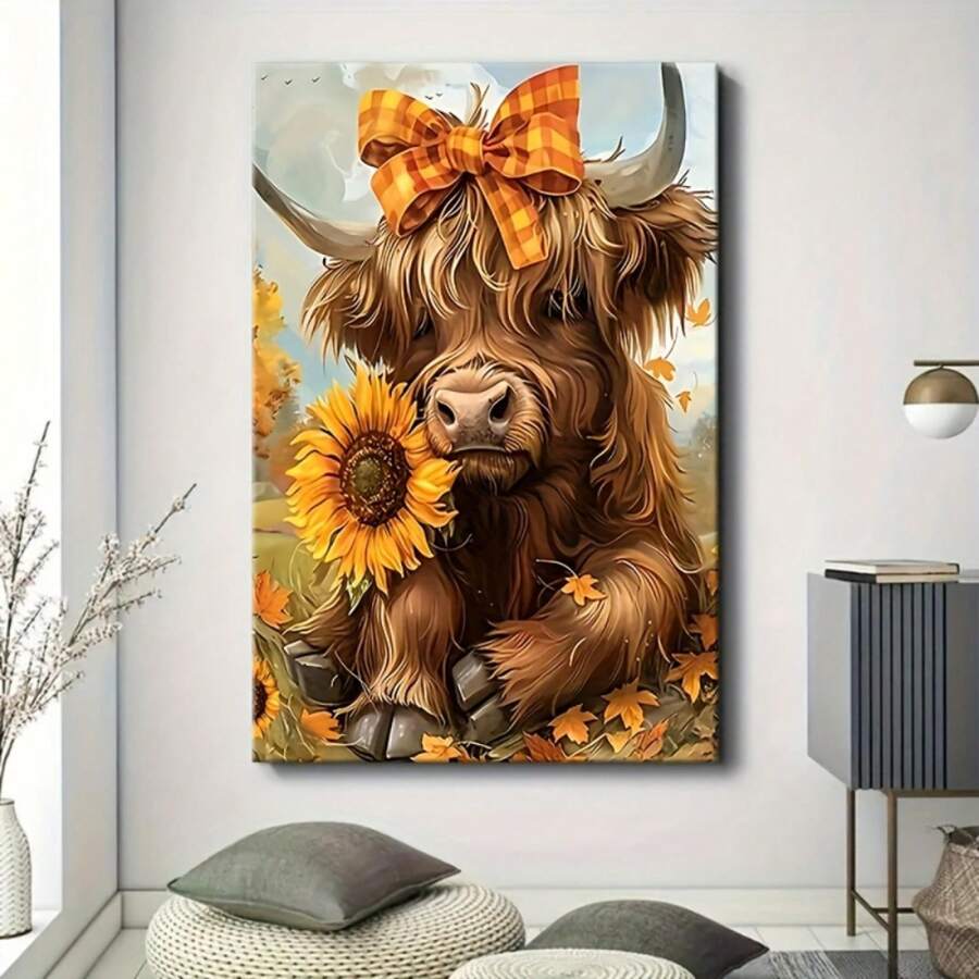 Ready to hang Highland cow canvas with hanging hooks