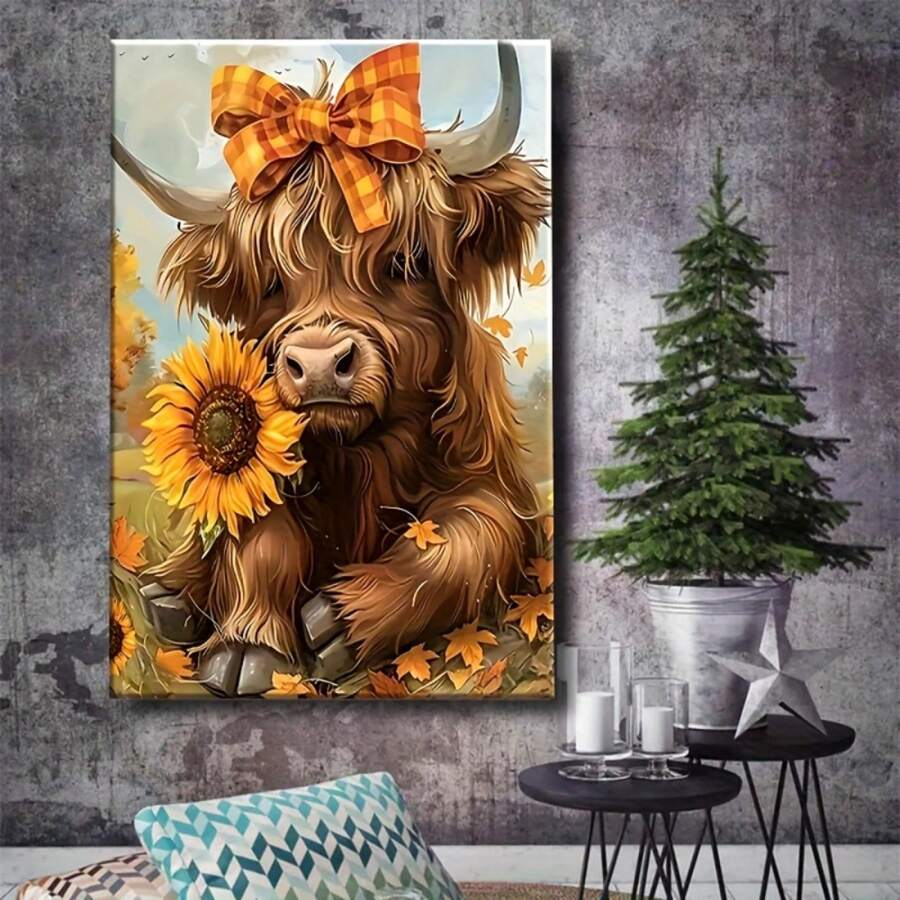 Warm brown yellow orange farmhouse cow artwork