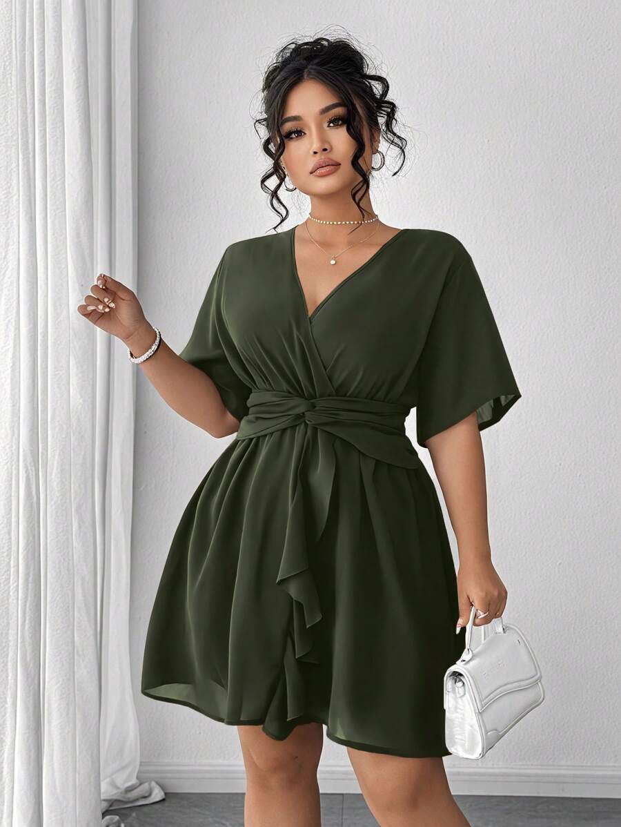 Turn heads this summer with our Plus Size Sexy Cross V-Neck Twist Tie Mini Dress. Featuring a flirty ruffle hem and a playful twist tie detail, this dress combines comfort and style effortlessly. Its flattering cross V-neck design enhances your curves, making it perfect for sunny days and warm nights. Embrace your confidence and enjoy the season in this fun, feminine mini dress made just for you.