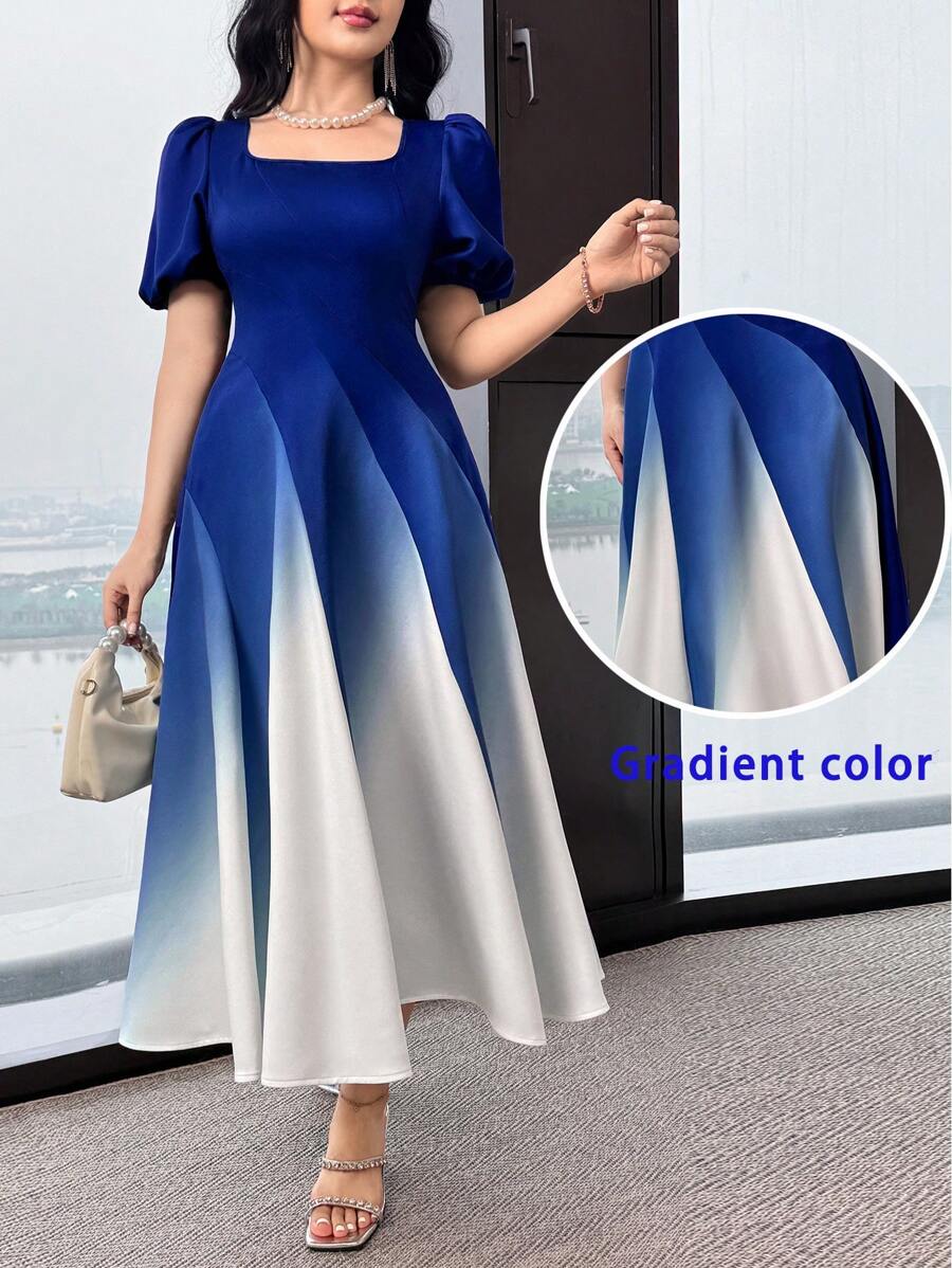 Step out in style with this elegant mid-calf dress featuring a stunning ombre effect that gracefully blends colors. Its playful puff sleeves add a flirty touch, while the square neckline frames your collarbones beautifully. Perfect for day-to-night occasions, this dress combines comfort and charm for a look that’s effortlessly chic and fun.