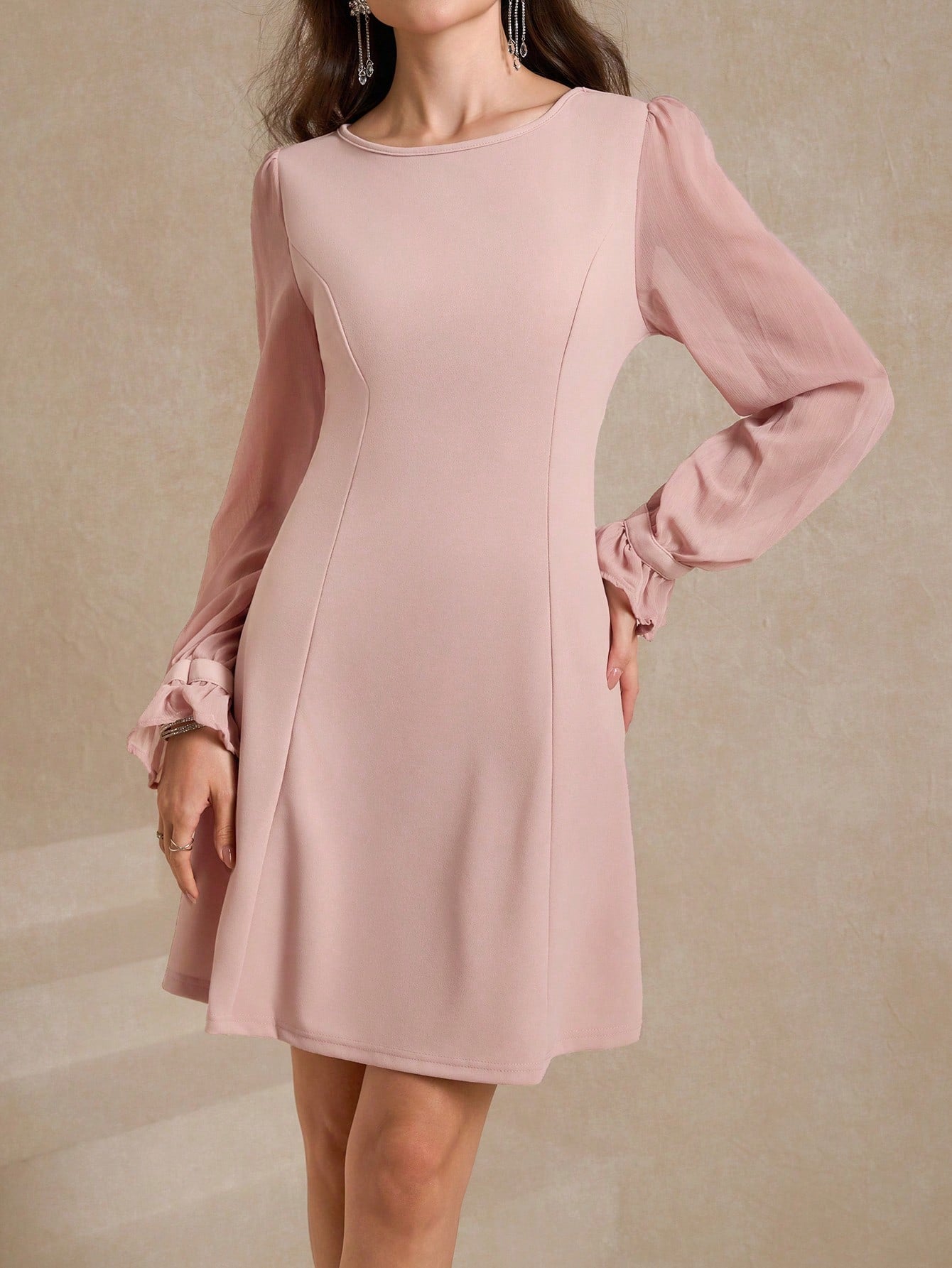baby pink bell sleeve turtle neck dress Women's Petite Baby Pink High Neck Ruffle Mini Dress