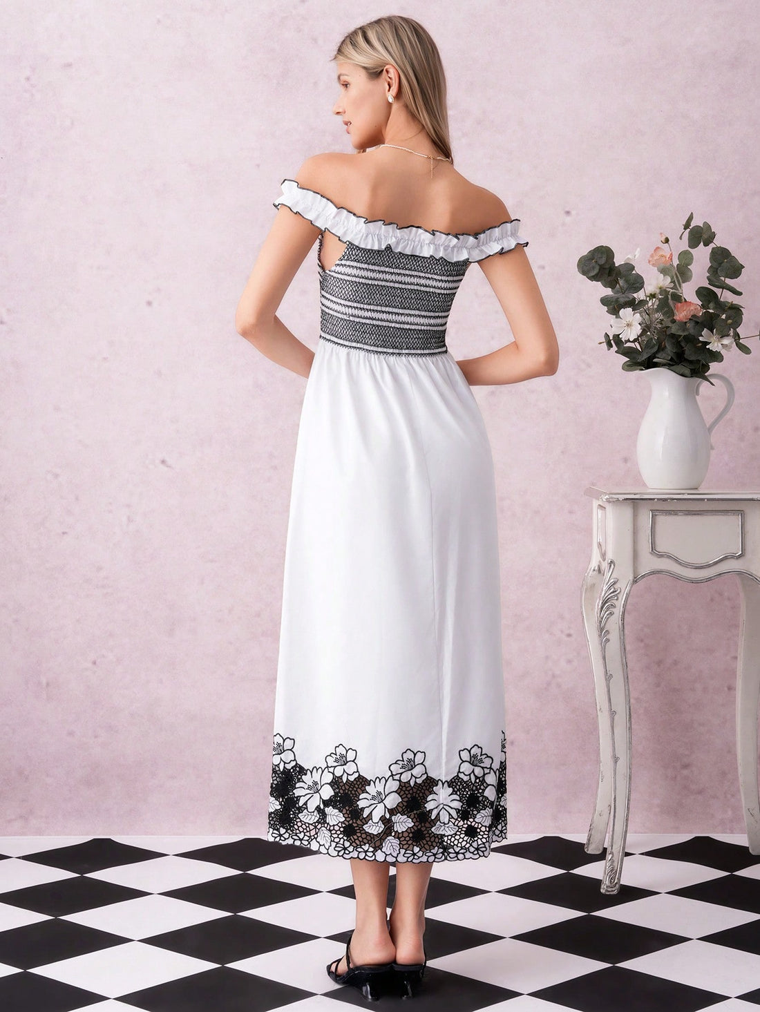 Step into sunshine and compliments with this Elegant Off-Shoulder Floral Embroidered Dress. Designed to turn heads at summer dates, weddings, or any special occasion, its delicate floral embroidery and flirty off-shoulder cut bring a playful charm to your look. Feel effortlessly beautiful as you dance through warm evenings in a dress that’s as fun and vibrant as you are.