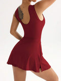 2-in-1 tennis skort mini dress with built-in shorts, round neck, open back, waist tie, wrap skirt and sporty stretch fabric image 11