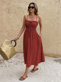 Rust ruched bust midi sundress with tie front sandals and straw tote