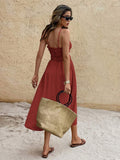 Back view rust ruched bust midi sundress with smocked back and adjustable straps