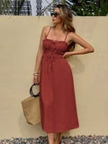Rust spaghetti strap midi dress with ruched bust tie front and pockets