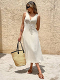 Full front resort view of cream lace-trim midi sundress with fitted waist and A-line hem