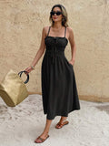 Black ruched bust midi sundress with straw tote sandals and side pocket