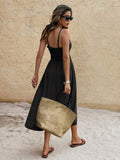Back view black ruched bust midi sundress with adjustable straps and smocked back