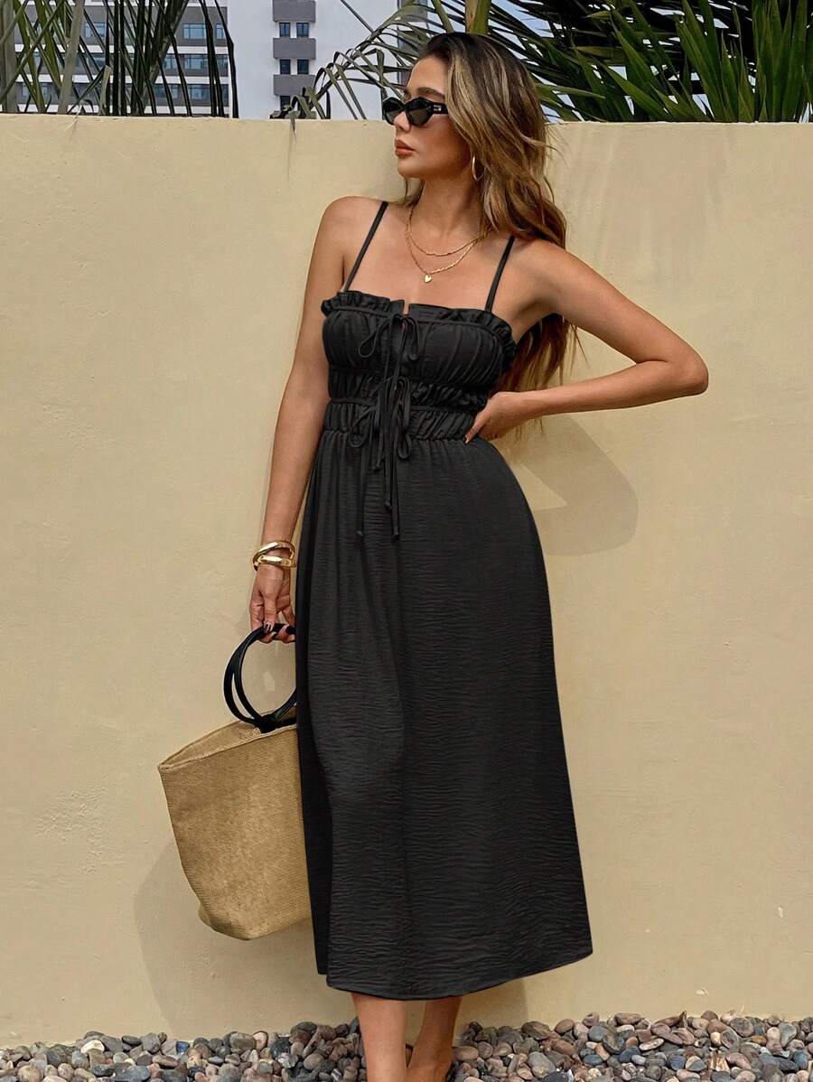 Black tie-front midi sundress with ruffle neckline and side pocket