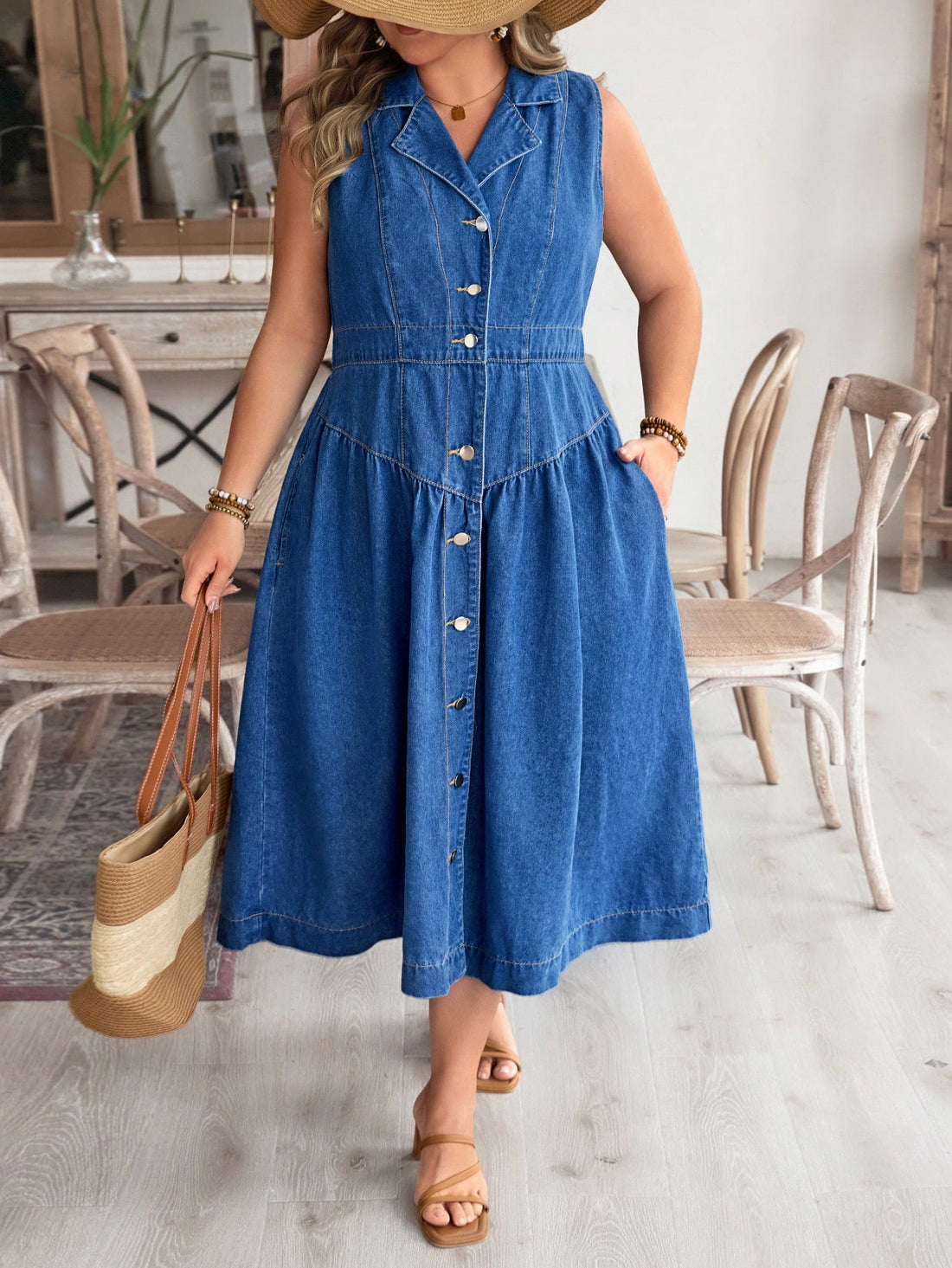 Step out in style with this playful plus size denim sleeveless dress, perfect for casual vacations. Featuring front button pockets, it combines practical details with a flattering fit. Lightweight and breathable, it’s easy to dress up or down for any sunny getaway adventure. Enjoy comfort without sacrificing chic!