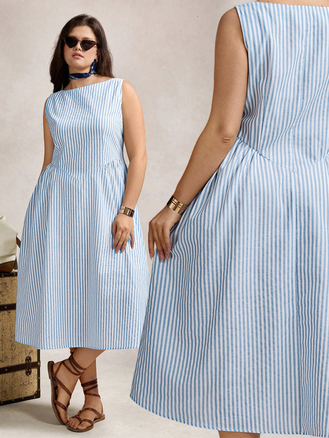 Step out in style with our Chic Plus Size Summer Striped Sleeveless Ruched Dress. Its flattering ruching and breezy sleeveless design keep you cool while turning heads. Stripes add a timeless touch, perfect for that effortless old money vibe. Perfect for sunny days when you want to feel both comfy and effortlessly chic!