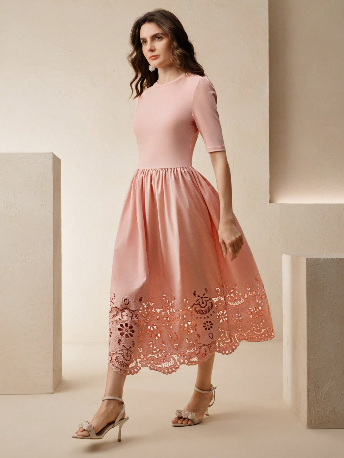 Step into charm with this Elegant Pink Midi Dress, featuring flirty half sleeves and a delicate floral lace hem that dances with every step. Perfect for twirling through garden parties or adding a pop of playful elegance to your day, this dress blends comfort and style effortlessly. Embrace your feminine side with a touch of whimsy!
