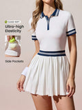 navy and white stripe polo tennis mini dress with pleated skirt built in shorts and pockets image 5