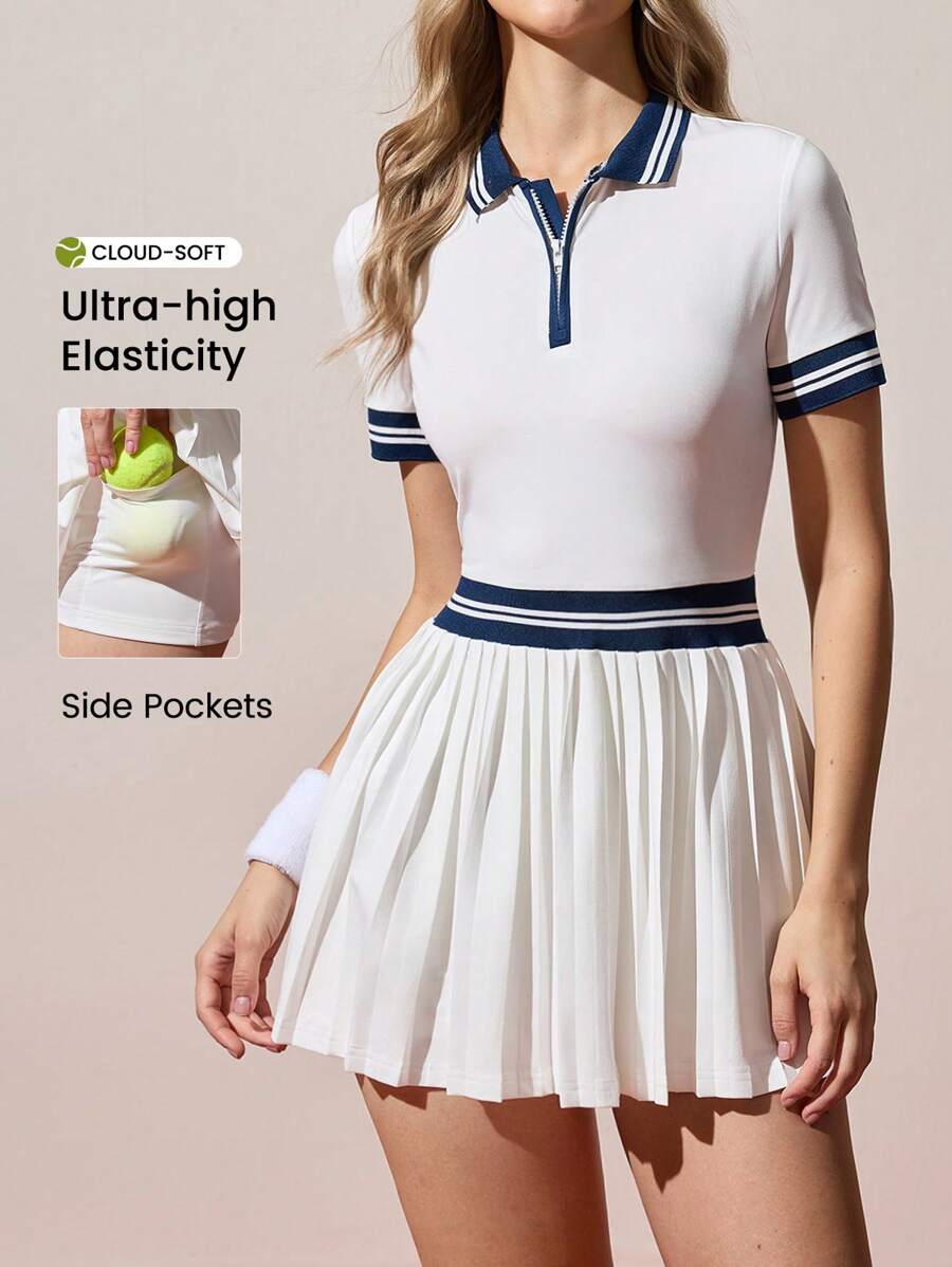 navy and white stripe polo tennis mini dress with pleated skirt built in shorts and pockets image 5