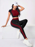 crew neck zip crop top and striped long leggings women sportswear set with colorblock panels image 3