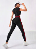crew neck zip crop top and striped long leggings women sportswear set with colorblock panels image 4