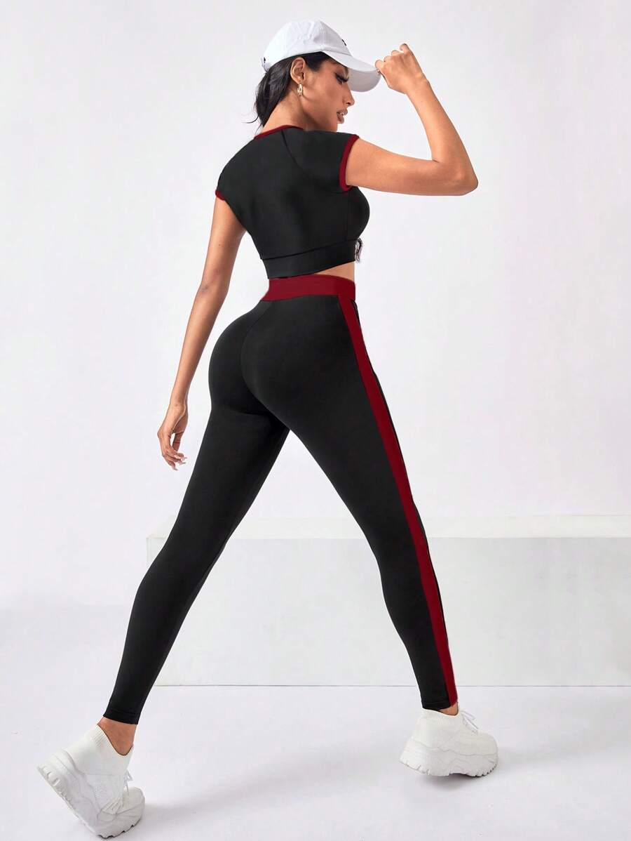 crew neck zip crop top and striped long leggings women sportswear set with colorblock panels image 4