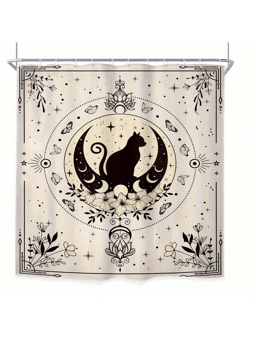 Add a touch of mystical charm to your bathroom with this Gothic Bohemian Black Cat shower curtain. Featuring a modern beige background adorned with enchanting moon phases and a sleek black cat design, it brings playful elegance to your space. Made from waterproof material and equipped with 12 sturdy hooks, it’s both stylish and practical for everyday use. Transform your bathroom into a whimsical retreat with this unique decor piece!