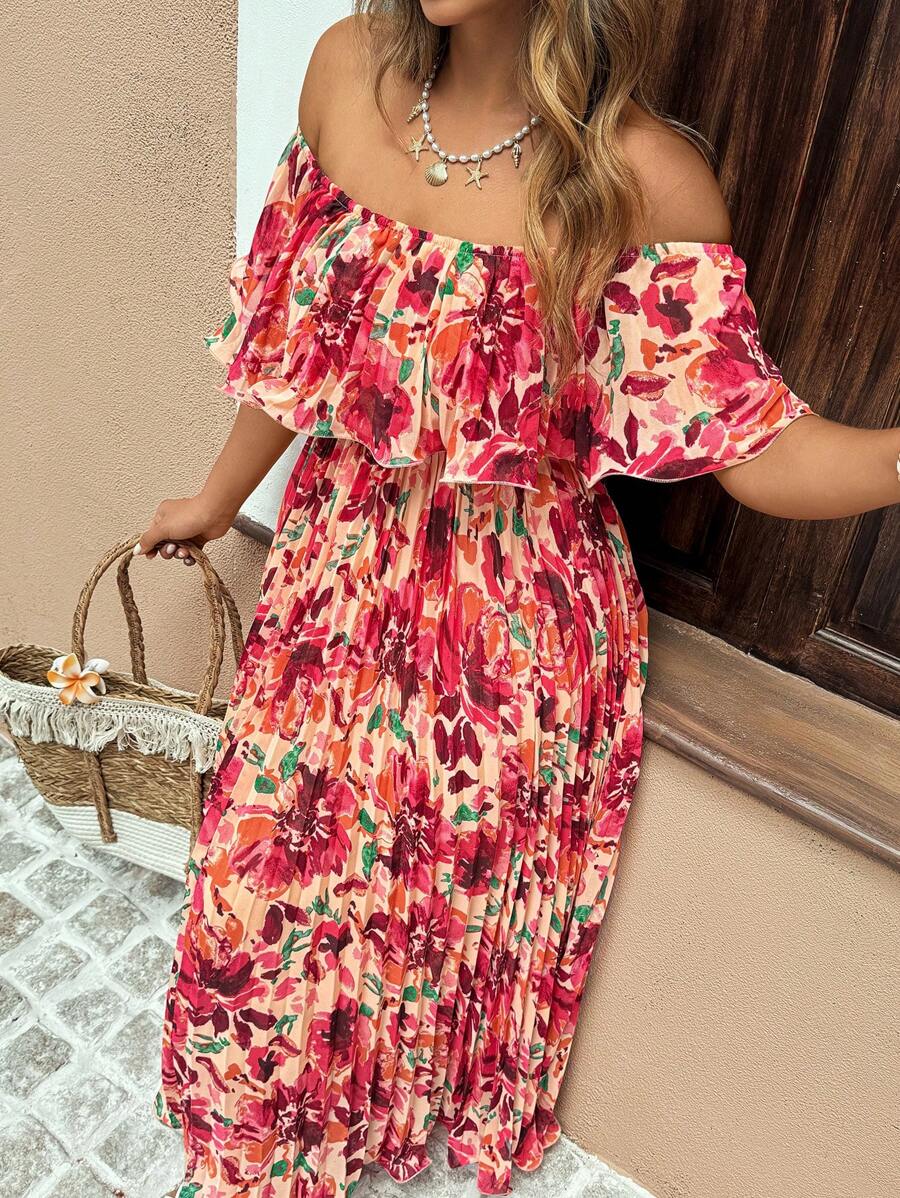 Elegant Pleated Flare Sleeve Maxi Dress for a Romantic Getaway
