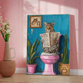 Unframed leopard bathroom canvas print leaning in a pink room beside a floral vase